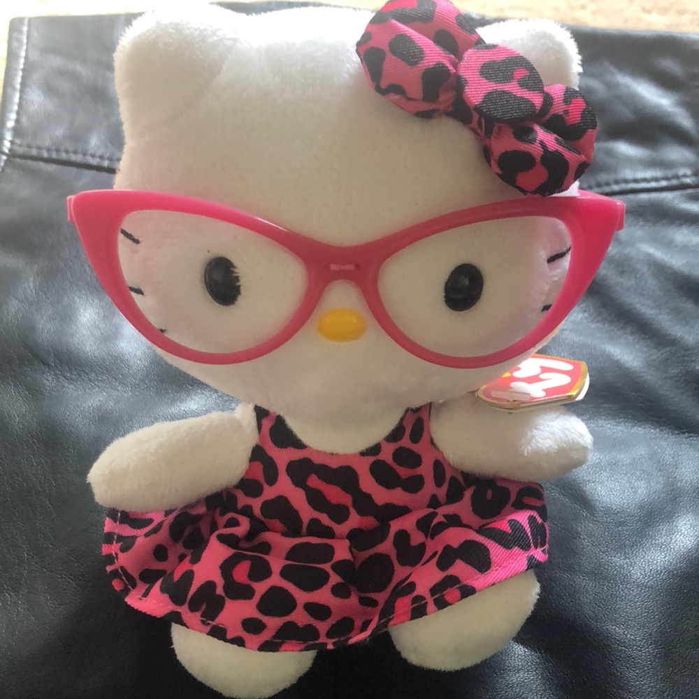TY Beanie Baby Babies Hello Kitty 6" Plush Pink Leopard Dress & Nerdy Glasses